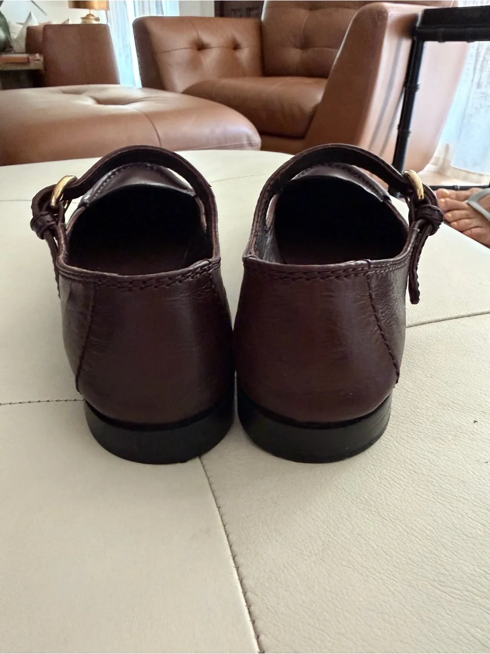 Miu Miu Dark Brown Leather Mary Jane Loafers with Gold Buckle
